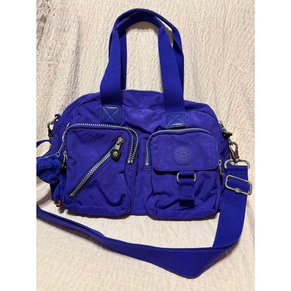 Kipling Bright Purple Multi Pocket Shoulder Tote Crossbody Travel Bag Monkey EUC